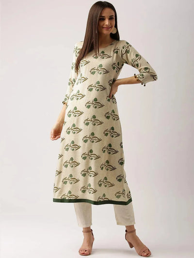 Beige Printed Rayon Kurta - Libas