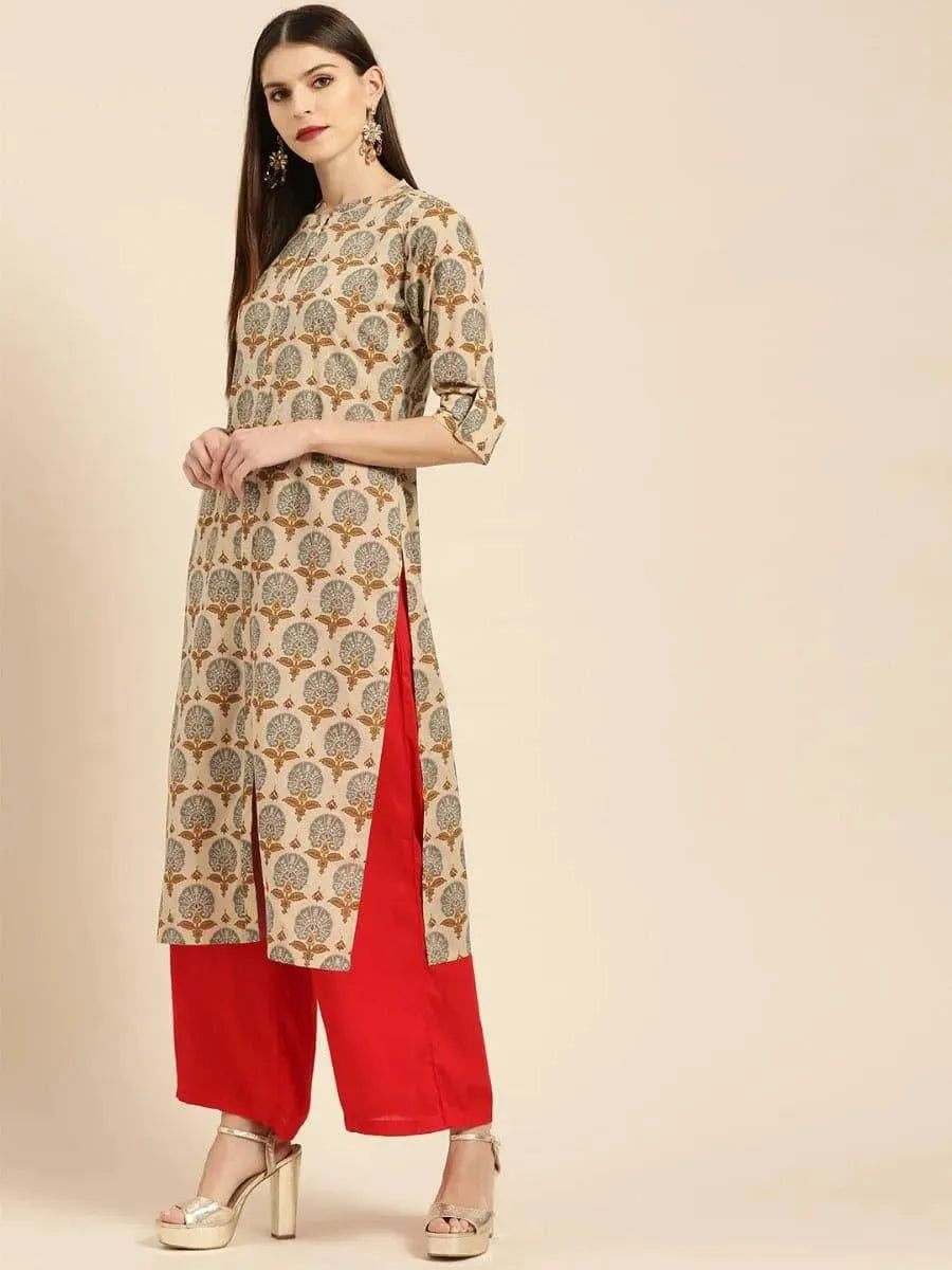 Beige Printed Rayon Kurta - Libas 