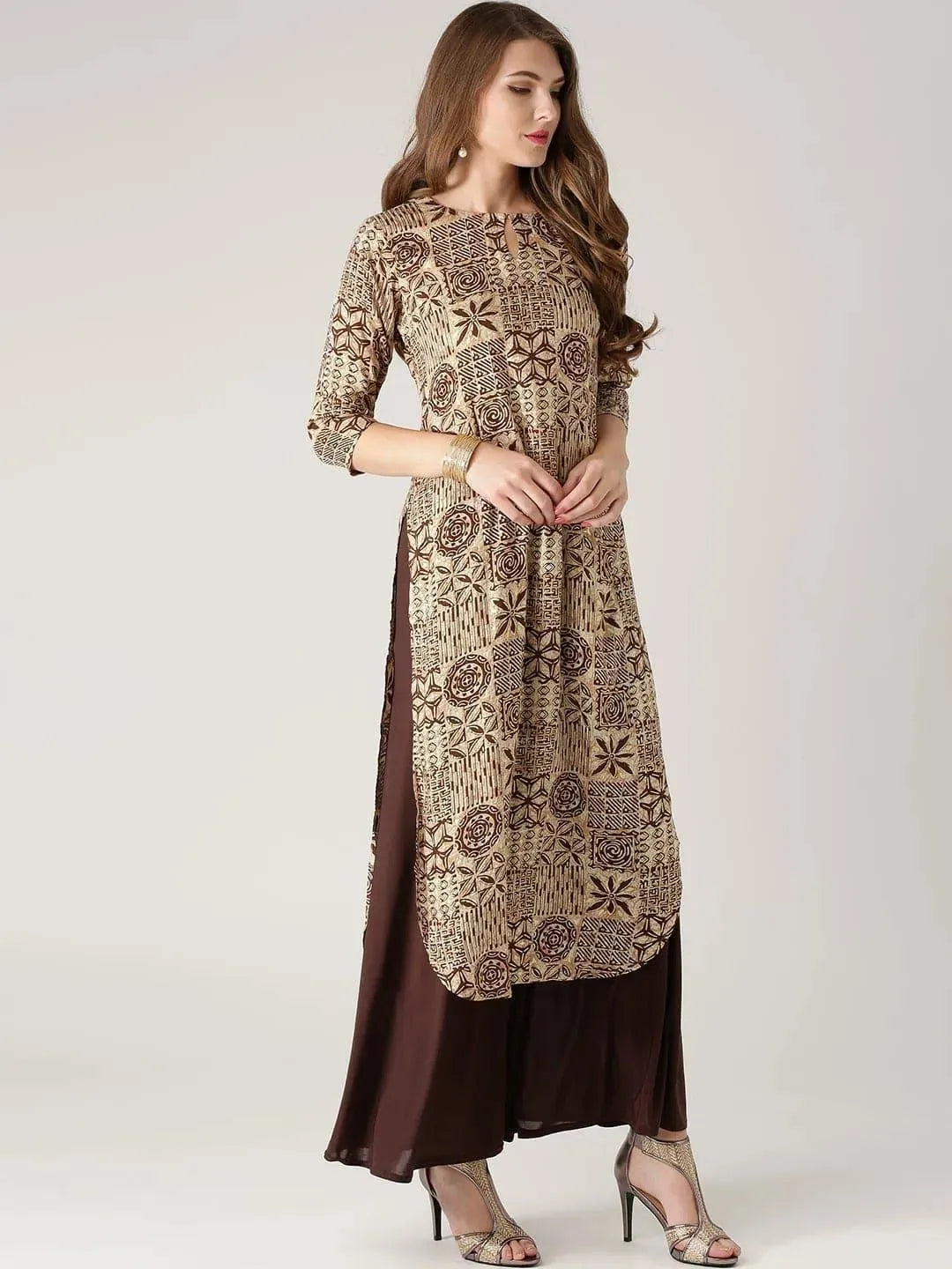 Beige Printed Rayon Kurta - Libas