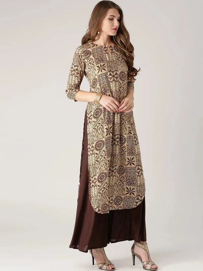 Beige Printed Rayon Kurta - Libas
