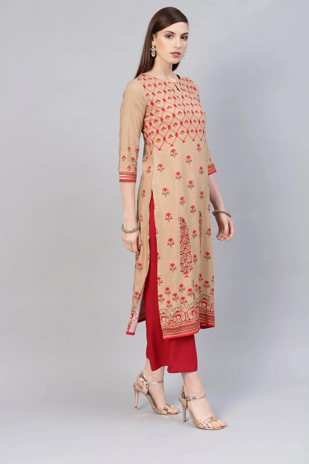 Beige Printed Rayon Kurta - Libas 