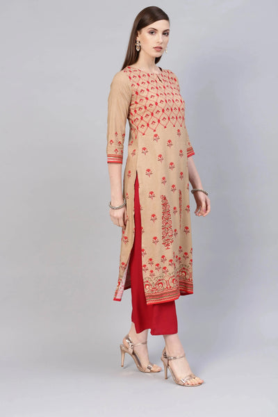 Beige Printed Rayon Kurta - Libas
