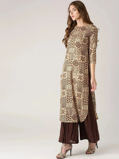 Beige Printed Rayon Kurta - Libas