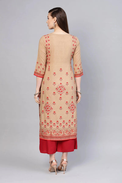 Beige Printed Rayon Kurta - Libas