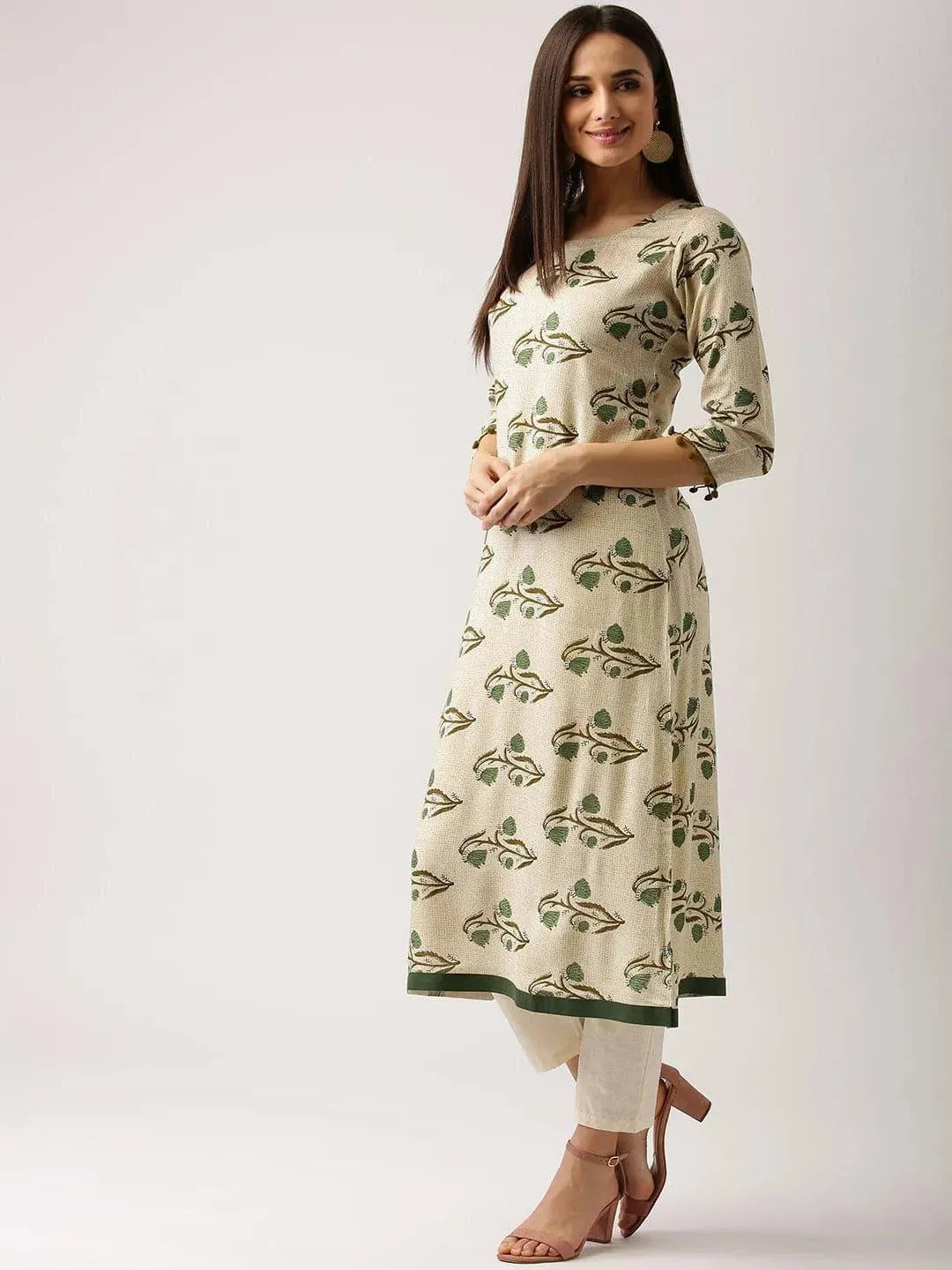 Beige Printed Rayon Kurta - Libas