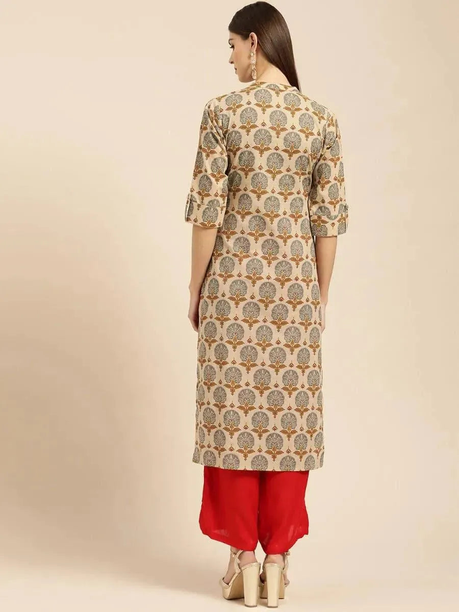 Beige Printed Rayon Kurta - Libas 
