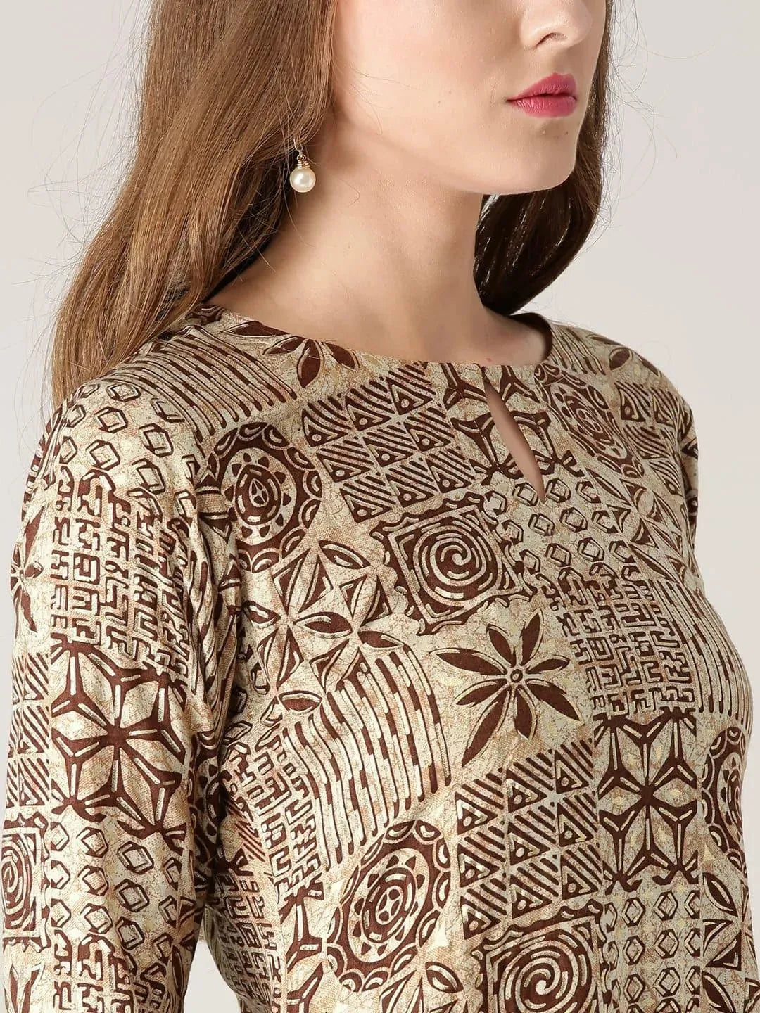 Beige Printed Rayon Kurta - Libas