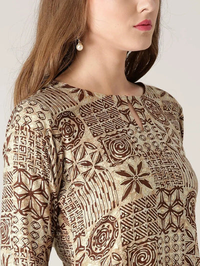 Beige Printed Rayon Kurta - Libas