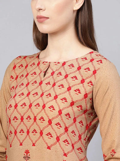 Beige Printed Rayon Kurta - Libas