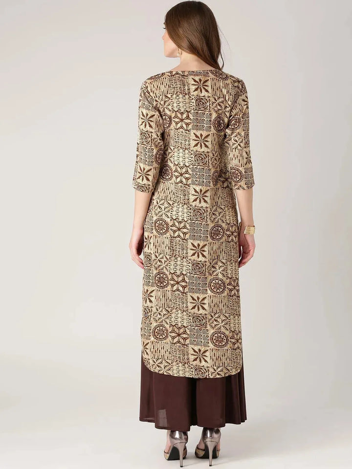 Beige Printed Rayon Kurta - Libas