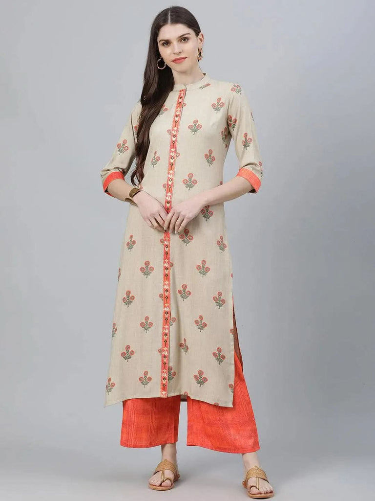 Libas Beige Printed Rayon Straight Kurta With Palazzos