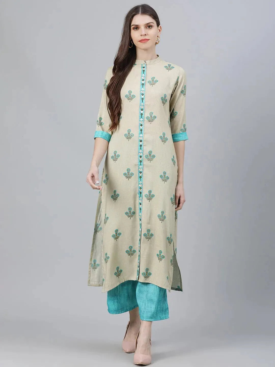 Beige Printed Rayon Kurta Set - Libas