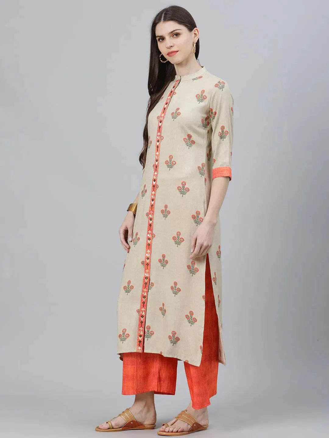 Beige Printed Rayon Kurta Set - Libas