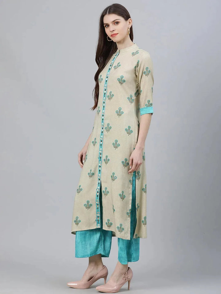 Beige Printed Rayon Kurta Set - Libas