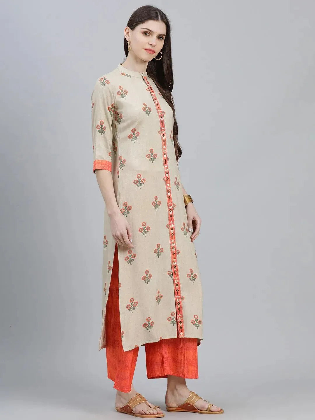 Beige Printed Rayon Kurta Set - Libas