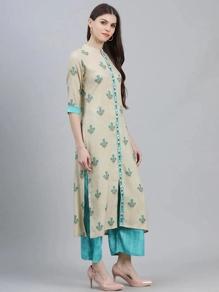 Beige Printed Rayon Kurta Set - Libas