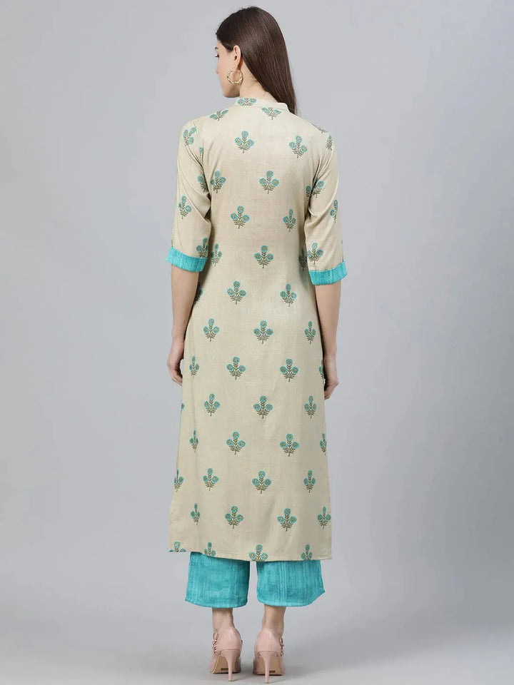 Beige Printed Rayon Kurta Set - Libas