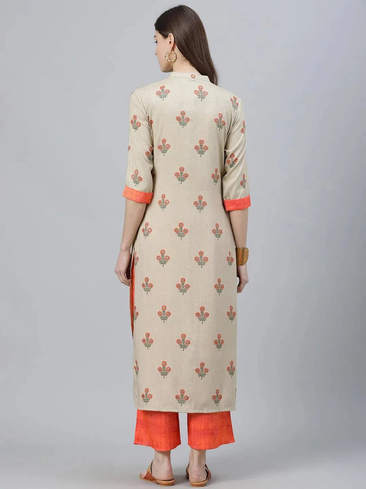 Beige Printed Rayon Kurta Set - Libas