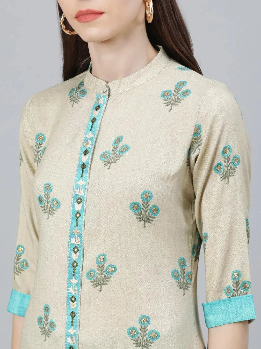 Beige Printed Rayon Kurta Set - Libas 