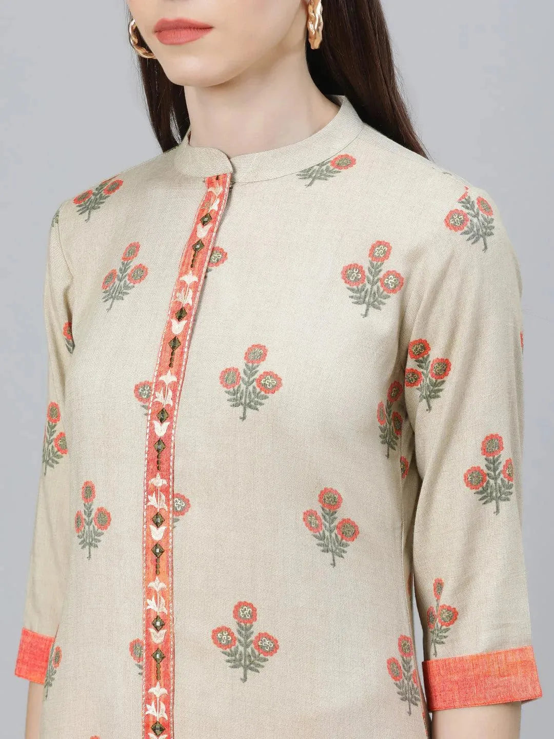 Beige Printed Rayon Kurta Set - Libas