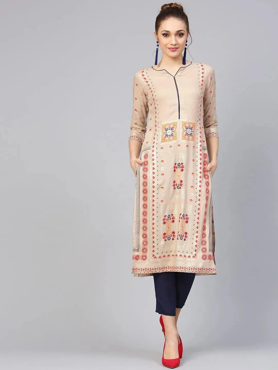 Beige Printed Rayon Kurta Set - Libas