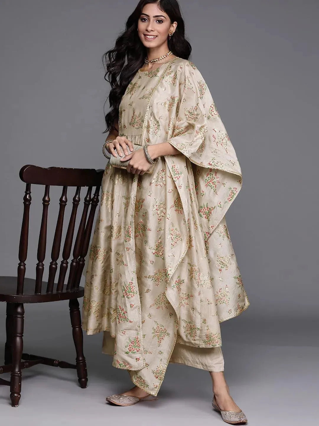 Beige Printed Silk Blend Suit Set - Libas