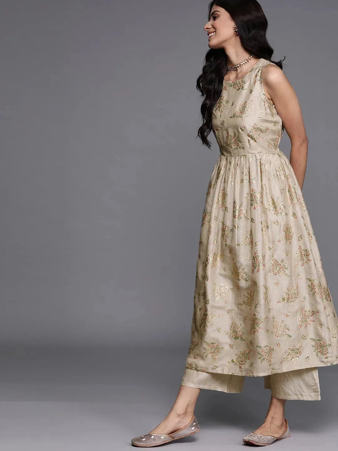 Beige Printed Silk Blend Suit Set - Libas 