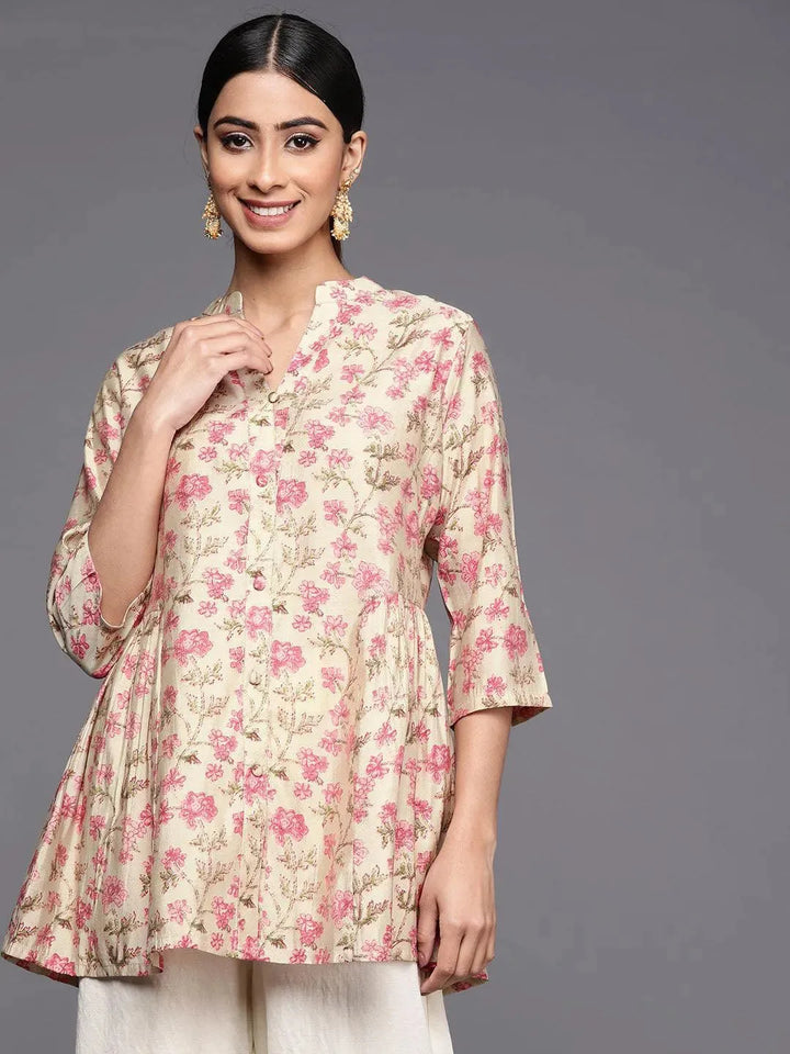 Beige Printed Silk Blend A-Line Kurti - Libas