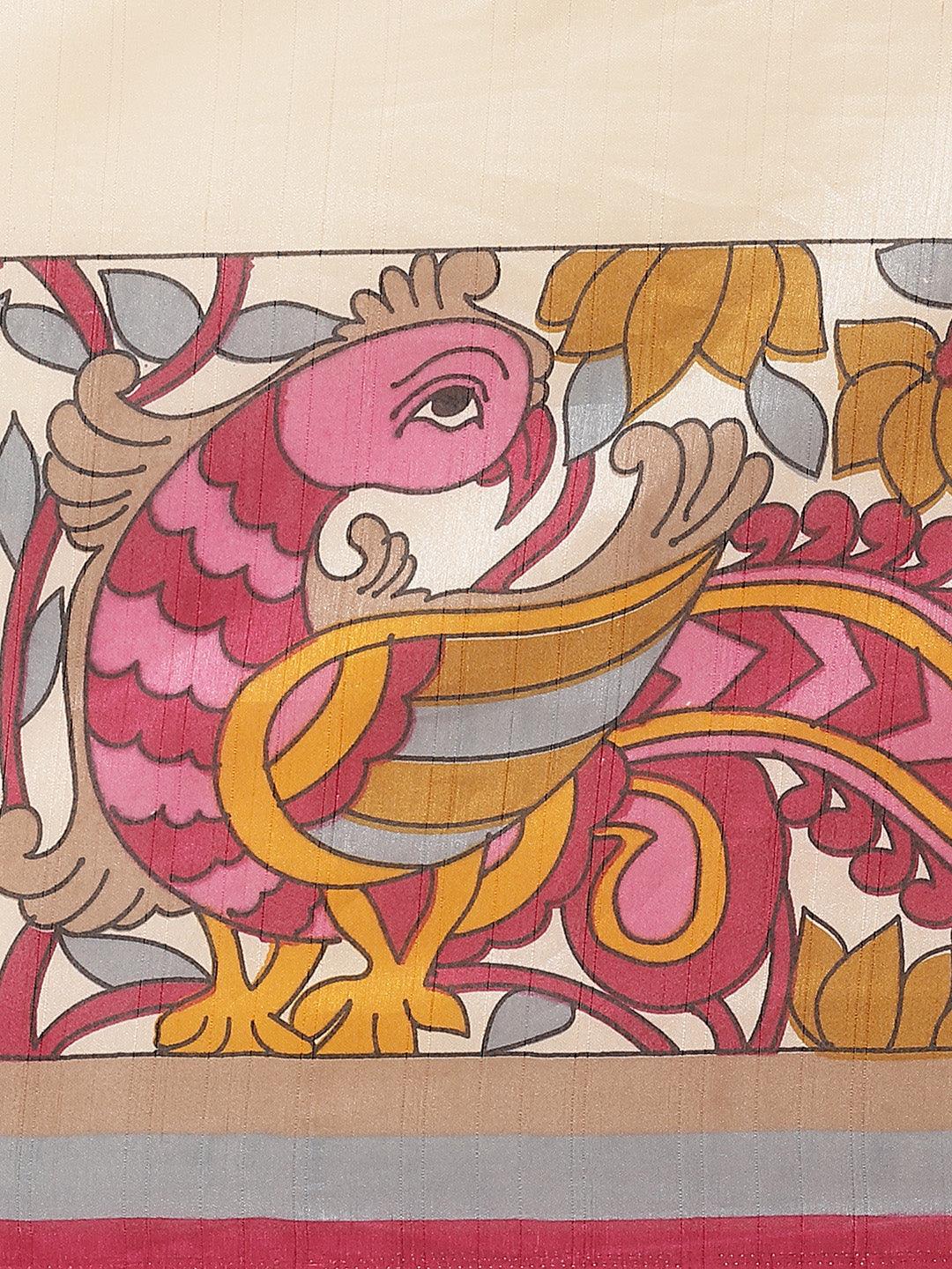 Beige Printed Silk Blend Saree - Libas