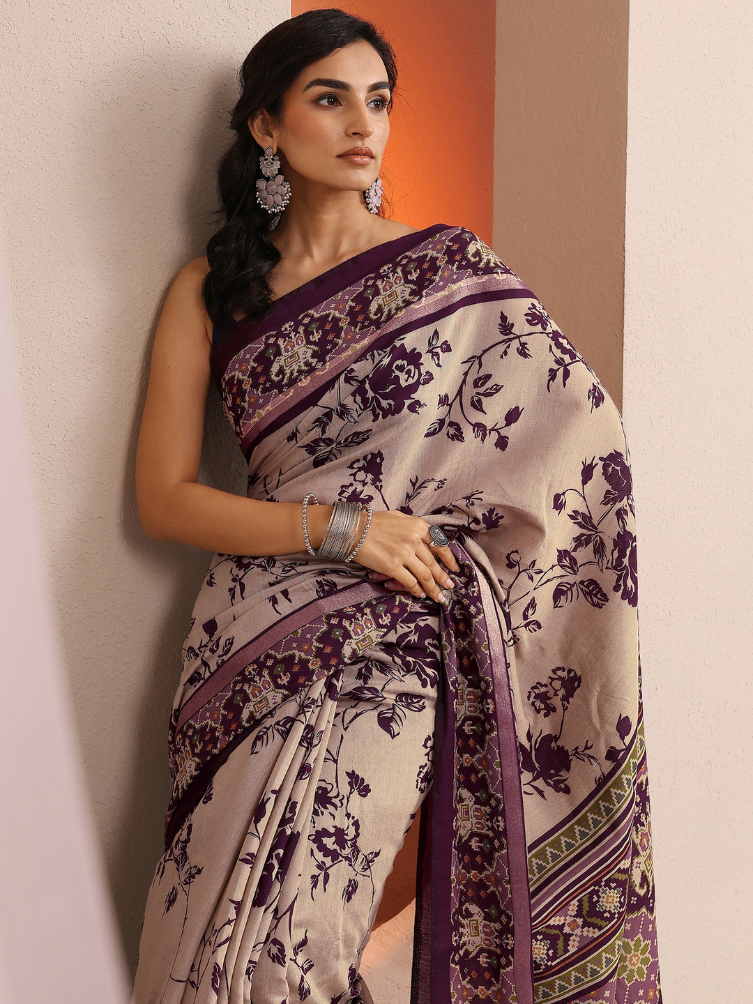  Beige Printed Silk Blend Saree With Unstitched Blouse Piece 