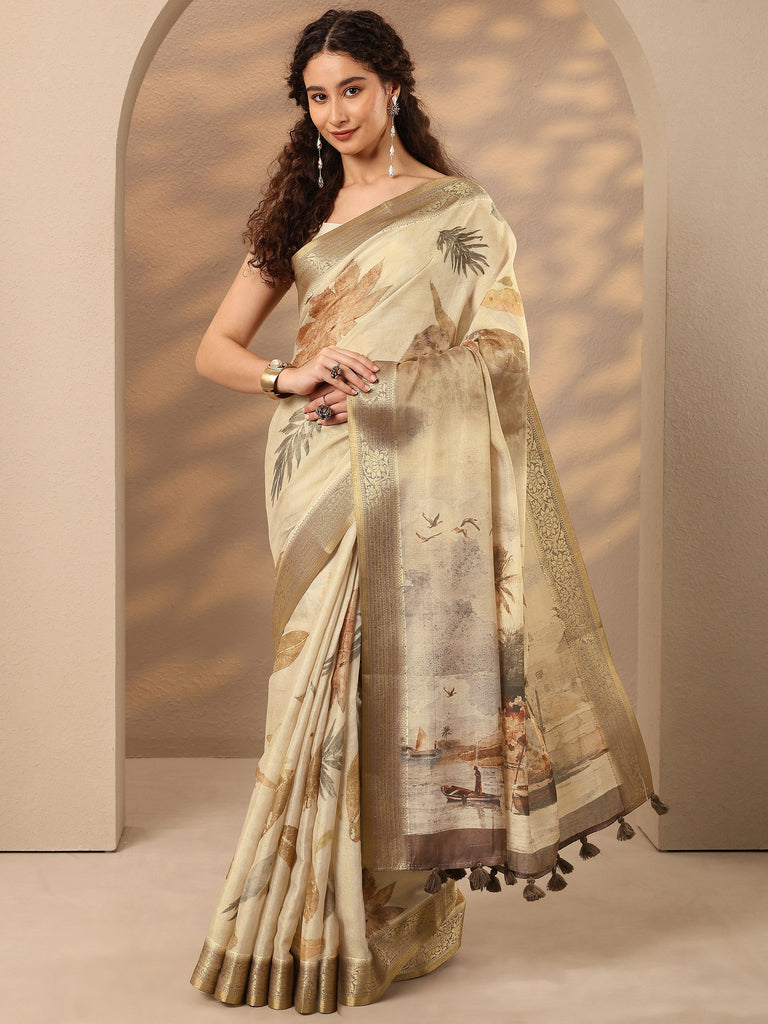 Libas Beige Printed Silk Blend Saree With Unstitched Blouse Piece