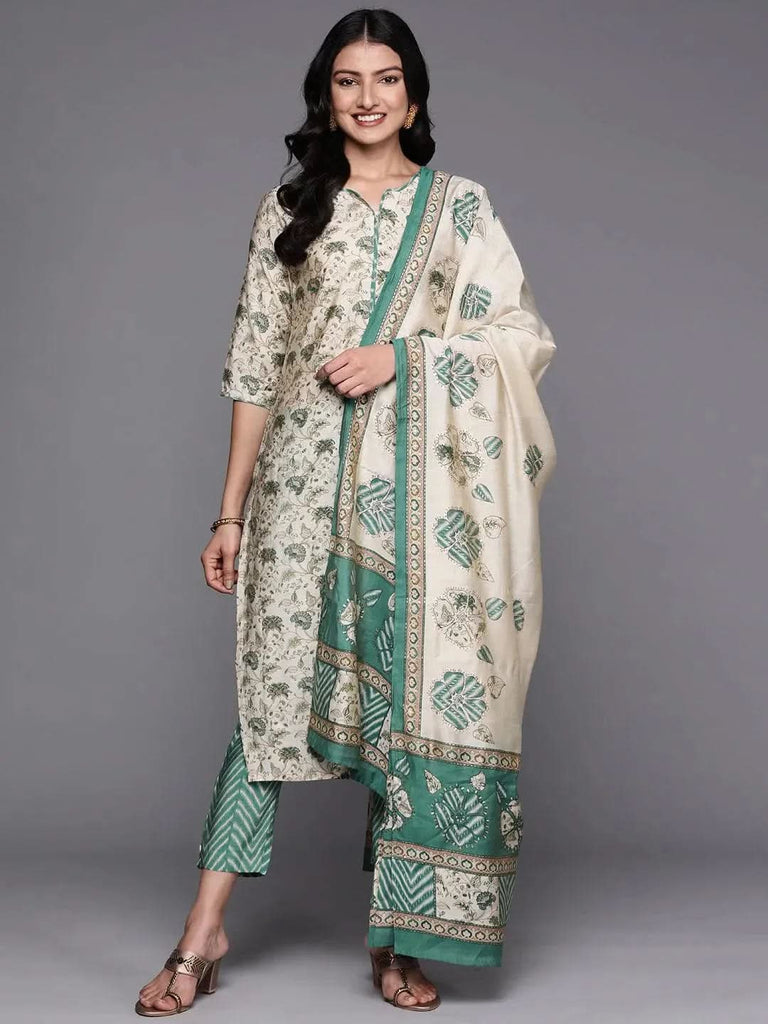 Libas Beige Printed Silk Blend Straight Kurta With Trousers & Dupatta