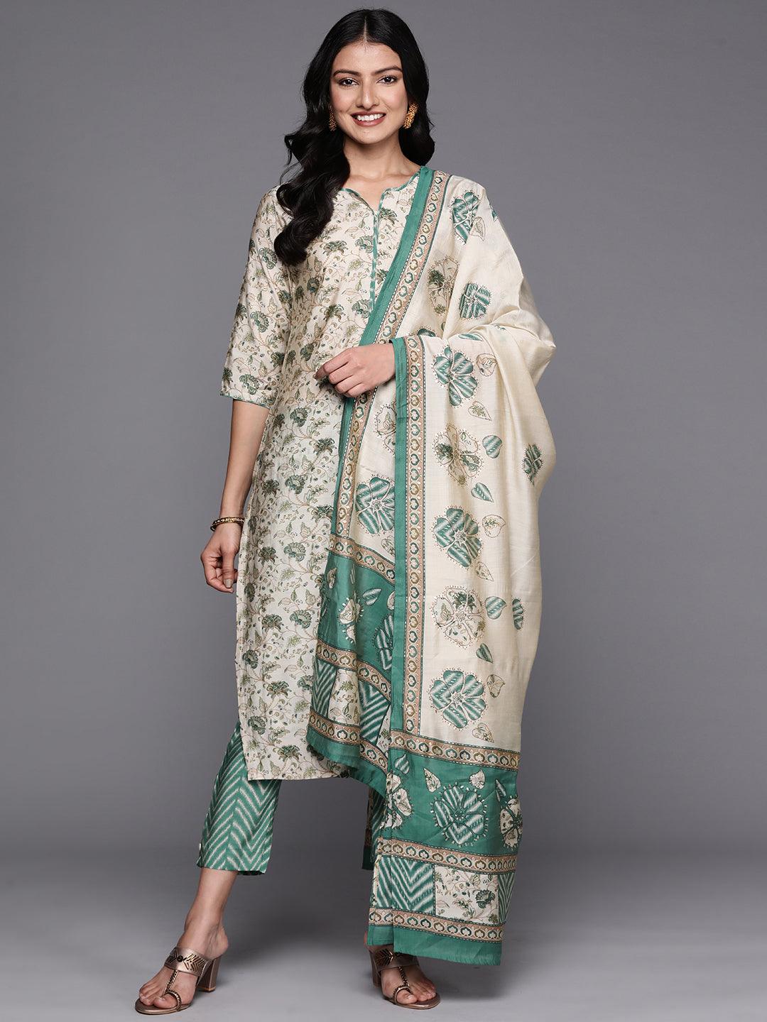 Beige Green Printed Silk Blend Straight Suit Set With Trousers - Libas