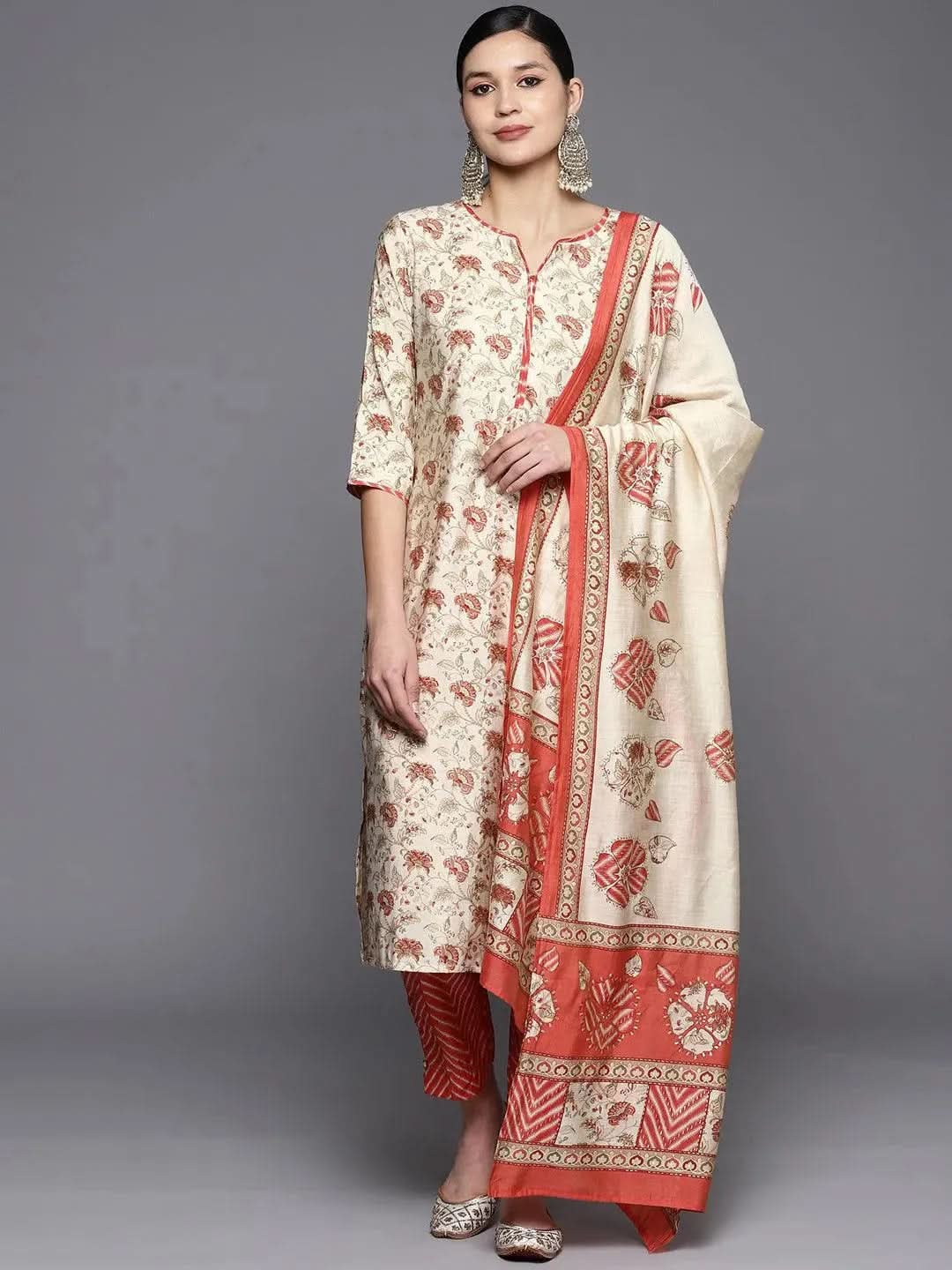 libas Beige Printed Silk Blend Straight Kurta With Trousers & Dupatta-picture-47