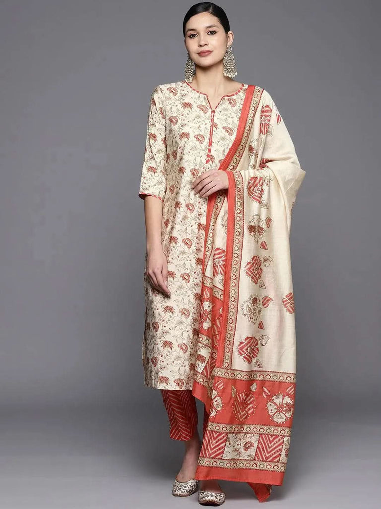 Gerua Beige Printed Silk Blend Straight Kurta With Trousers & Dupatta