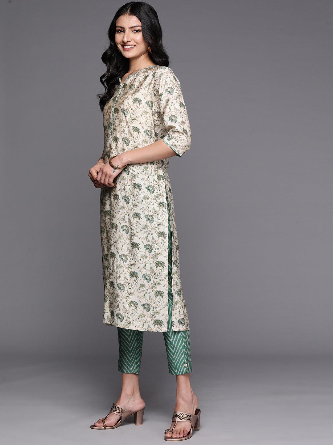 Beige Printed Silk Blend Straight Kurta With Trousers & Dupatta