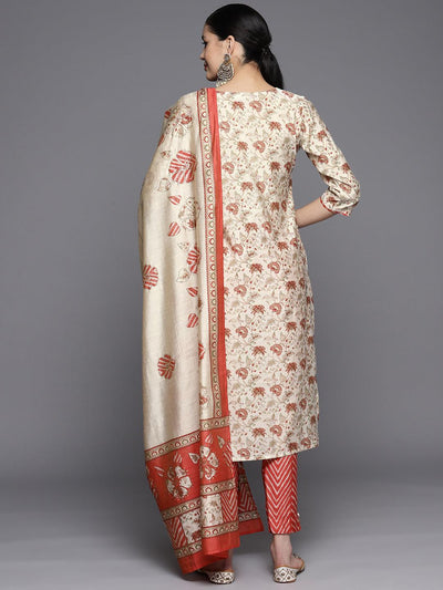 Beige Printed Silk Blend Straight Suit Set With Trousers - Libas