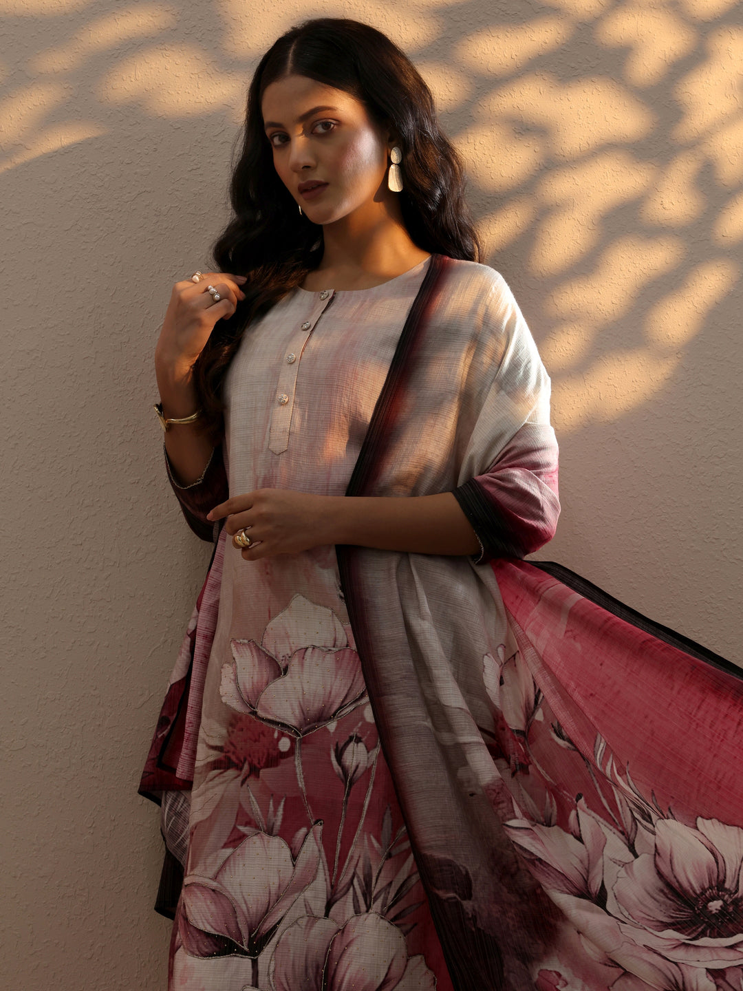  Beige Printed Silk Blend Straight Suit Set With Dupatta 