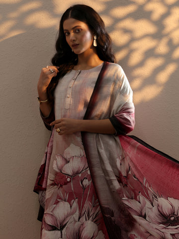Beige Printed Silk Blend Straight Suit Set With Dupatta