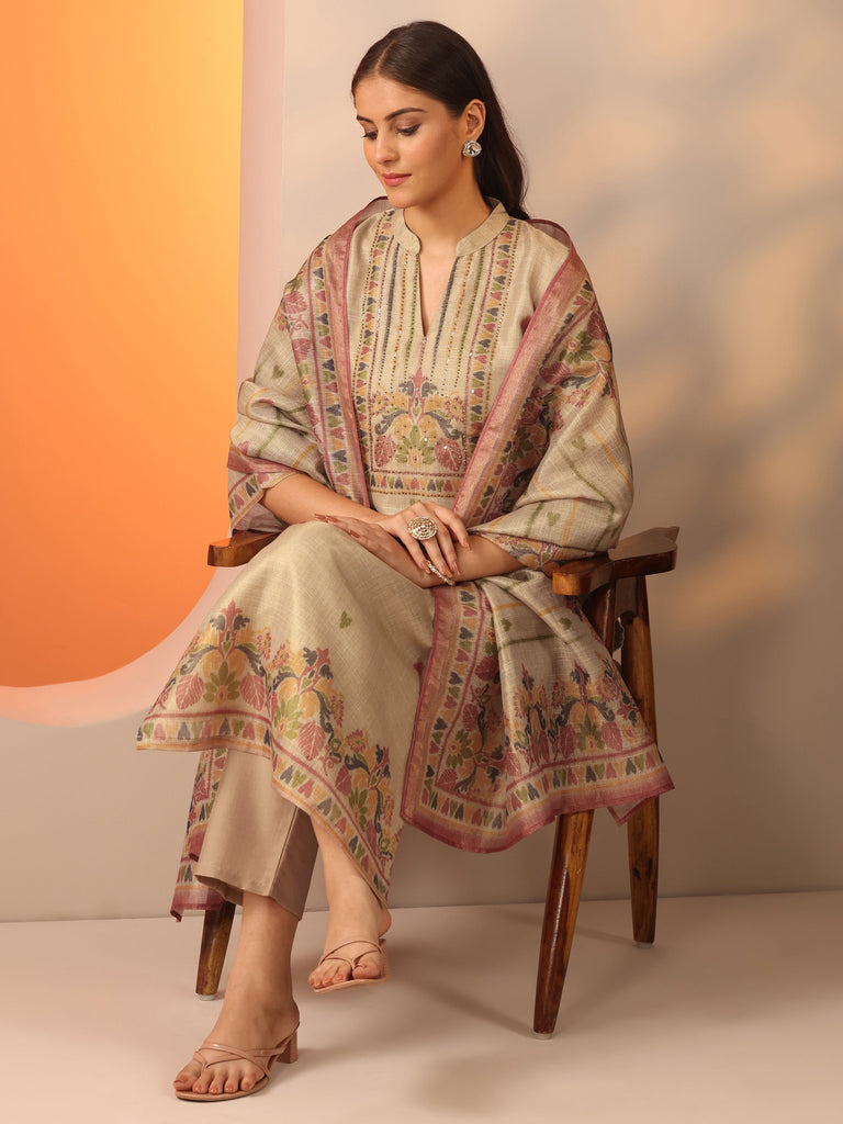 Libas Beige Printed Silk blend Straight Suit Set With Dupatta