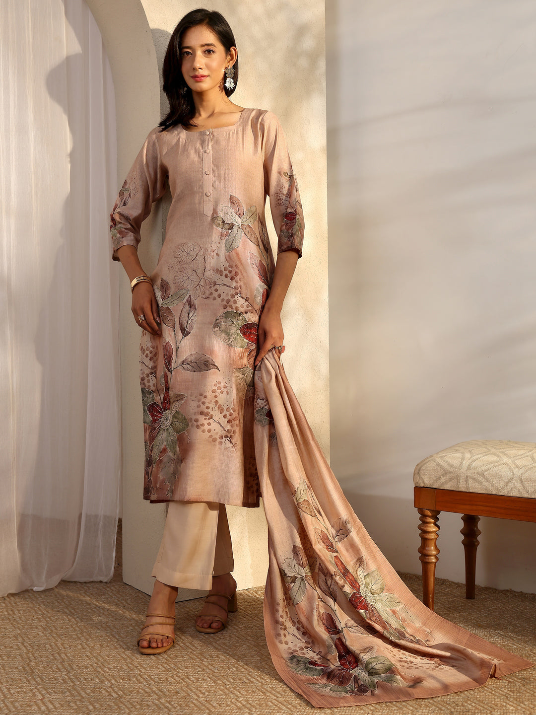 Beige Printed Silk Blend Straight Suit Set With Dupatta