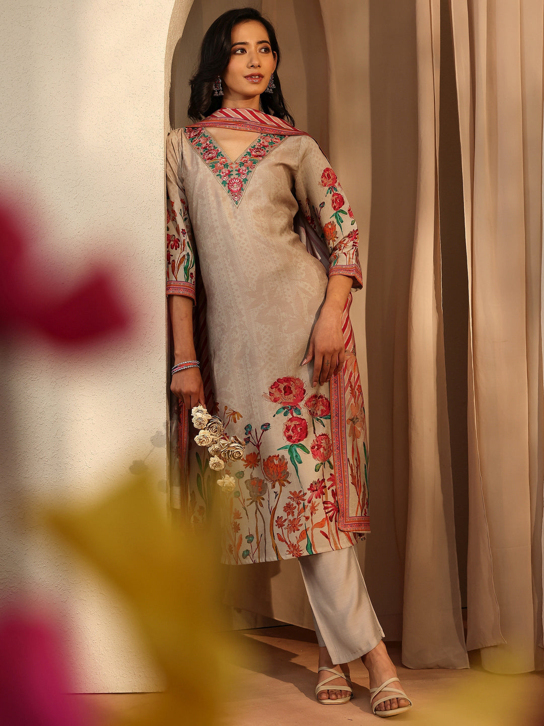  Beige Printed Silk Blend Straight Suit Set With Dupatta 