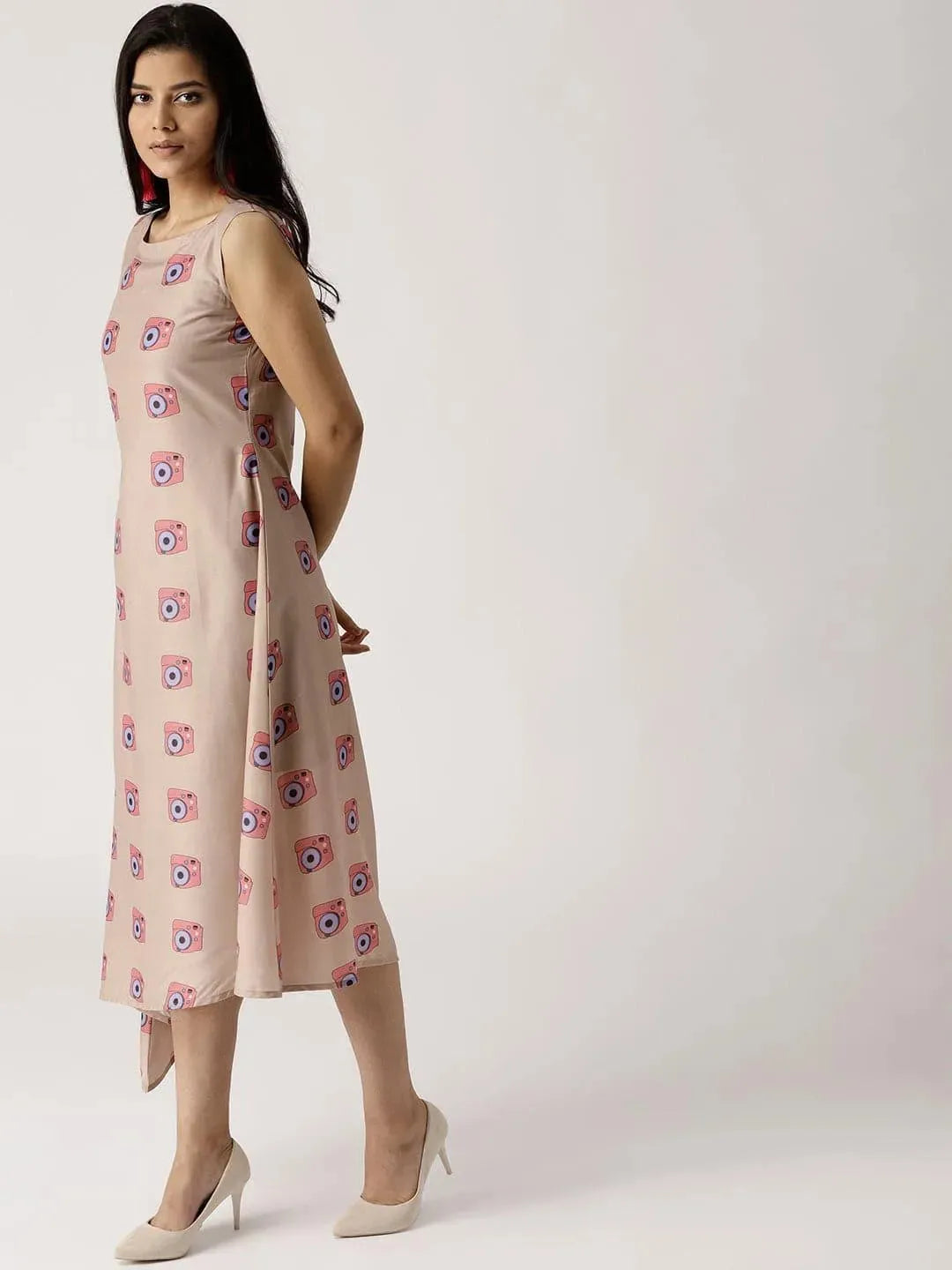 Beige Printed Silk Dress - Libas