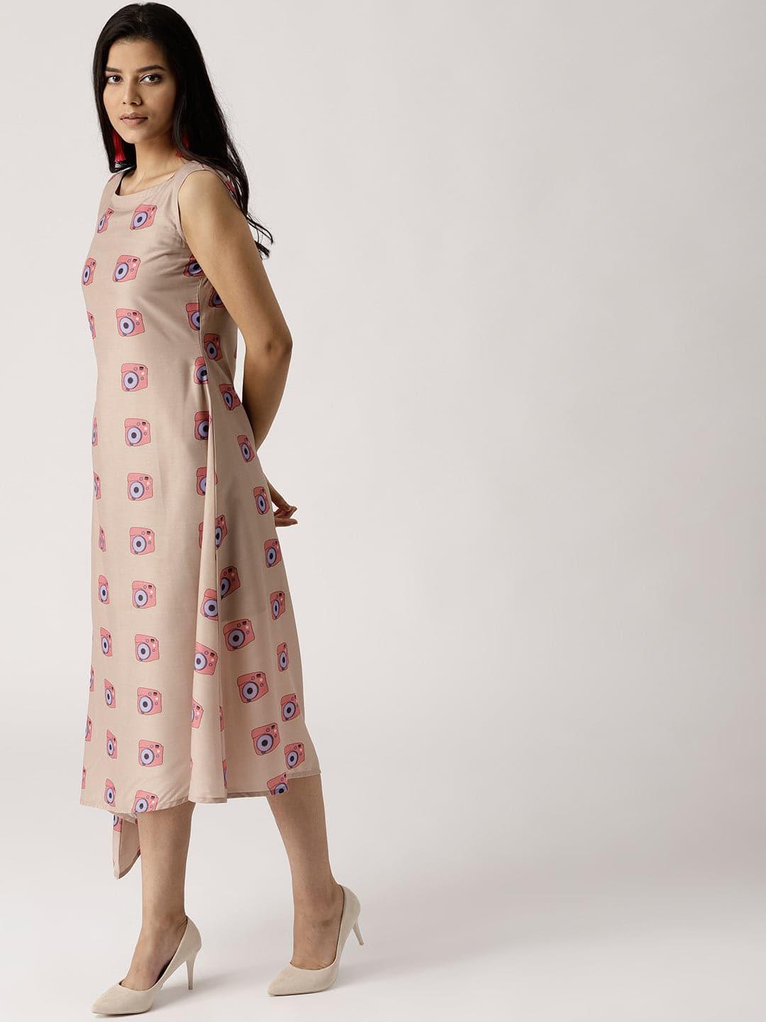 Beige Printed Silk Dress - Libas