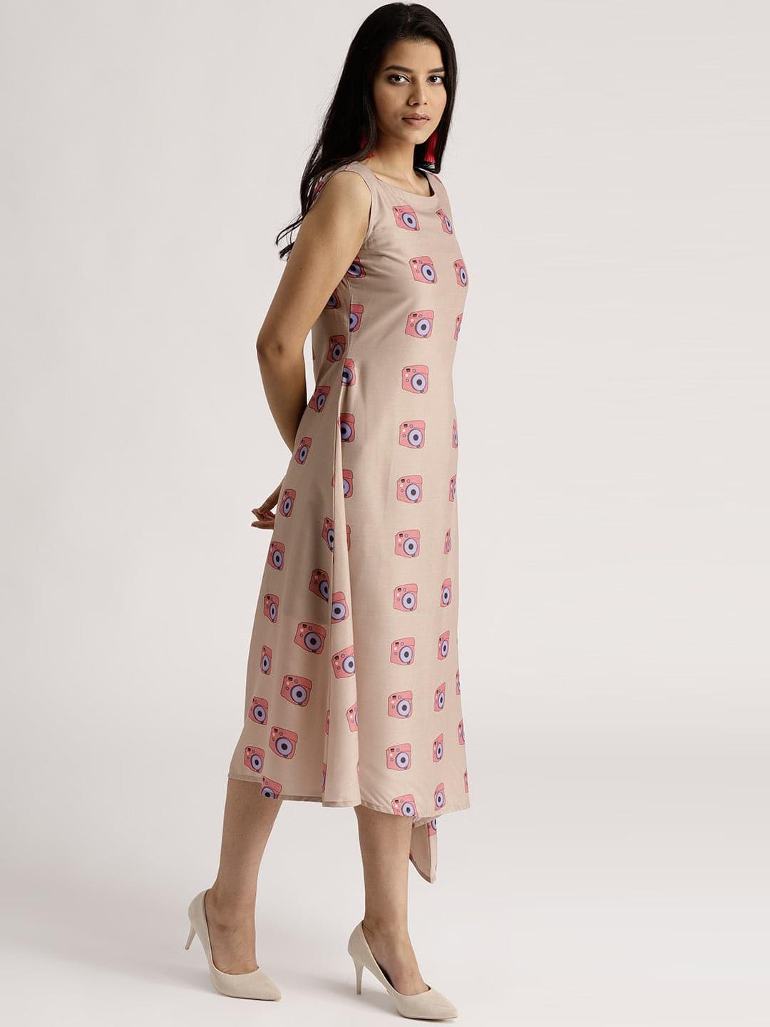 Beige Printed Silk Dress