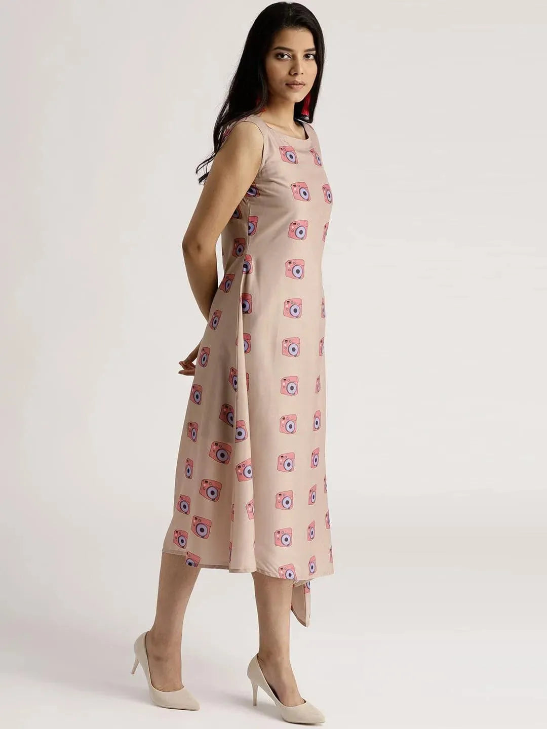 Beige Printed Silk Dress - Libas 