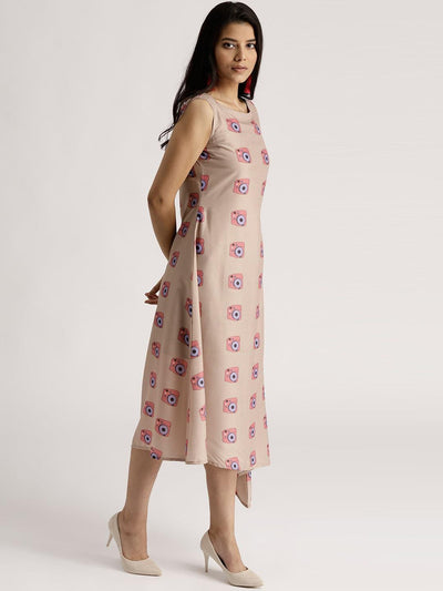 Beige Printed Silk Dress - Libas
