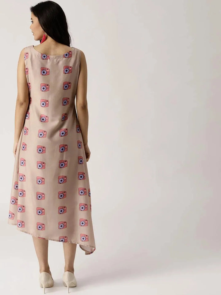 Beige Printed Silk Dress - Libas