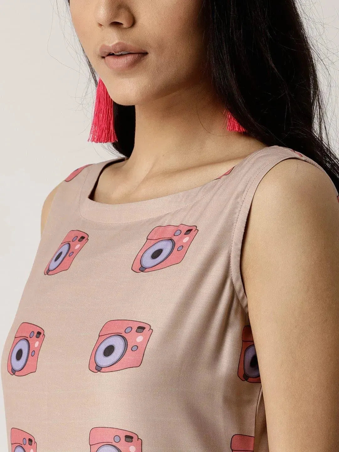 Beige Printed Silk Dress - Libas 