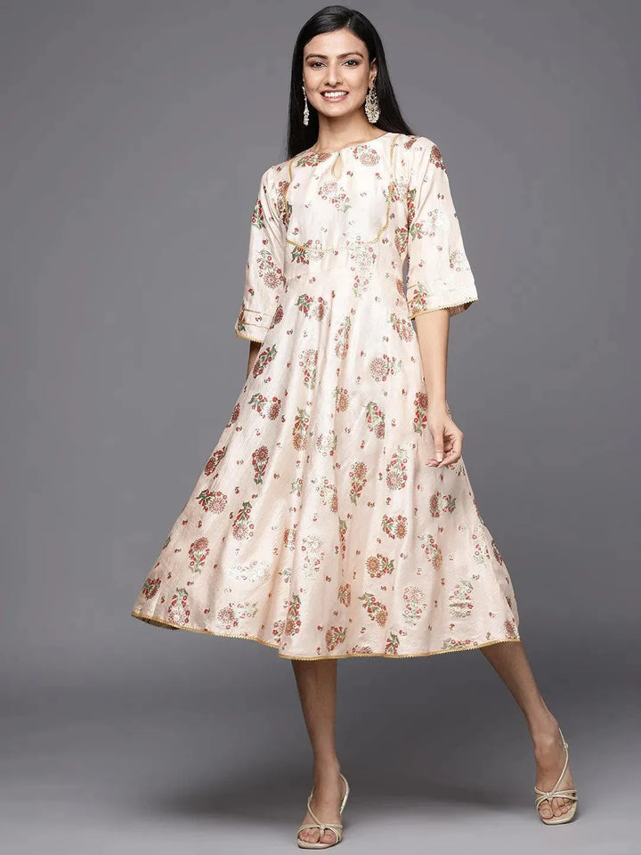 Beige Printed Silk Empire Dress - Libas